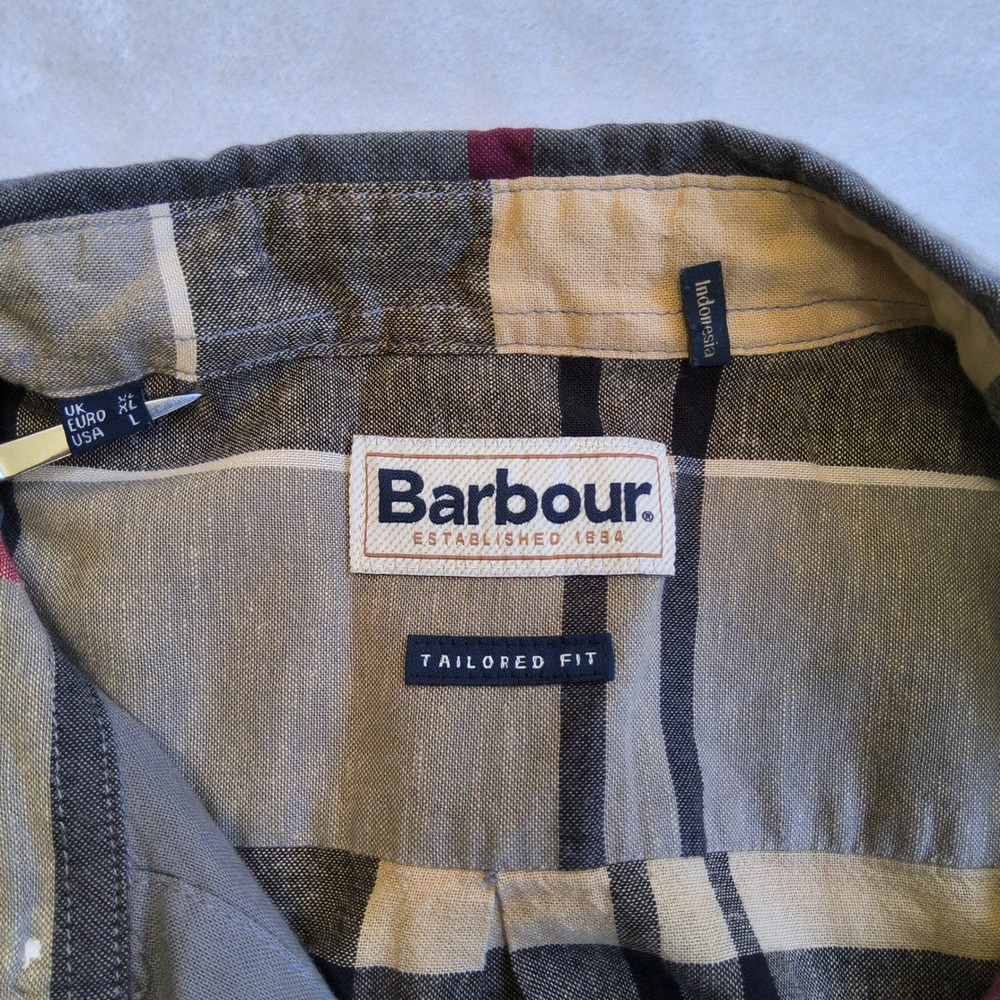Barbour Button Down Shirt Mens Large Tartan Plaid Cotton Linen Tailored Fit READ - Picture 3 of 8